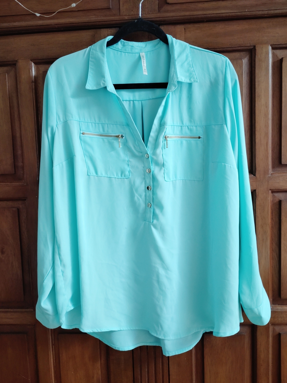 DNA couture Turquoise Button-Front Blouse with Zip Pockets